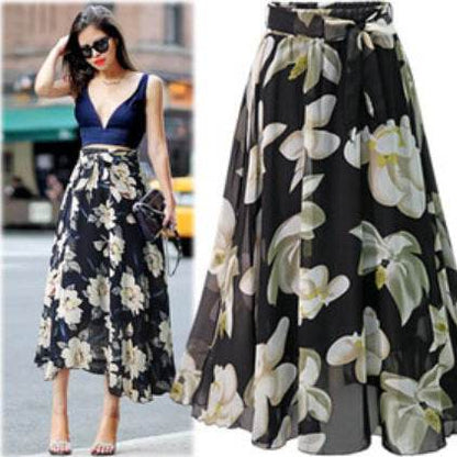 Jupe Longue Formelle Femme Taille Haute Florale Évasée en Mousseline de Soie pour le Bureau