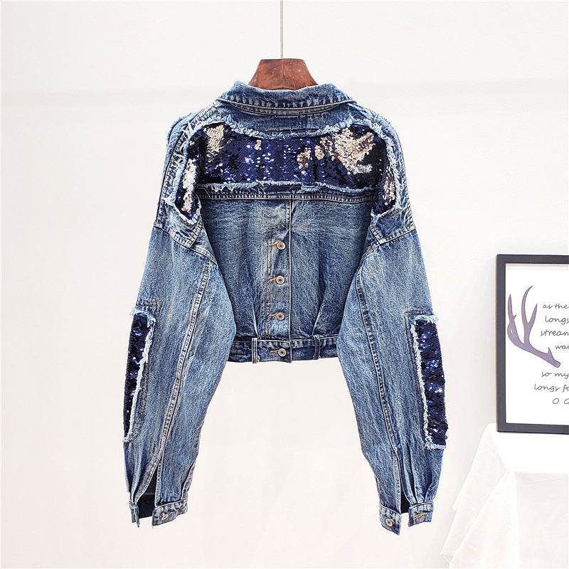 Heavy Industry Sequins Short Doll Sleeve Denim Jacket Women