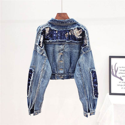 Heavy Industry Sequins Short Doll Sleeve Denim Jacket Women
