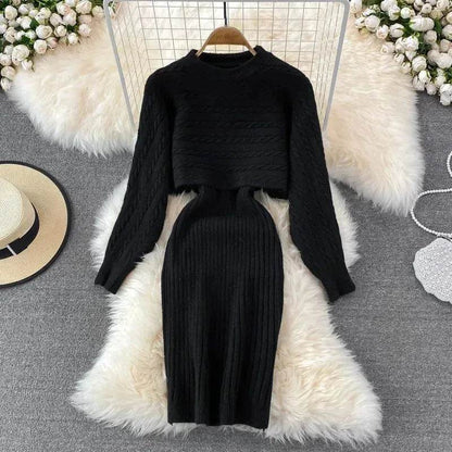 Autumn Winter Sassy Woolen Knitted Two Piece Midi Sweater Dress Outfit set