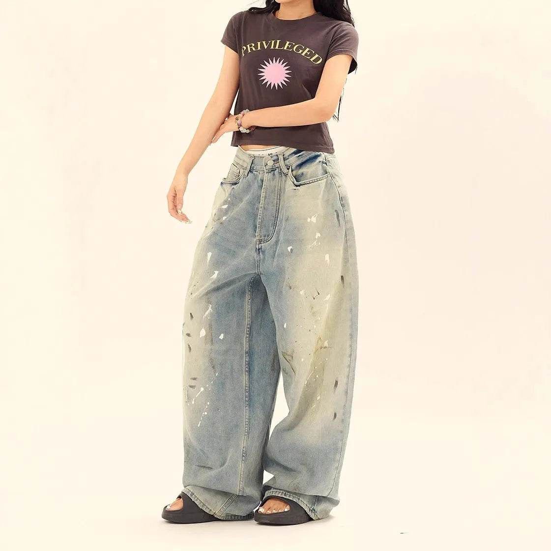 Jeans amples délavés et déchirés décontractés, style unisexe amincissant avec motifs éclaboussures d'encre pour hommes et femmes