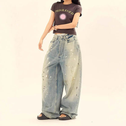 Jeans amples délavés et déchirés décontractés, style unisexe amincissant avec motifs éclaboussures d'encre pour hommes et femmes