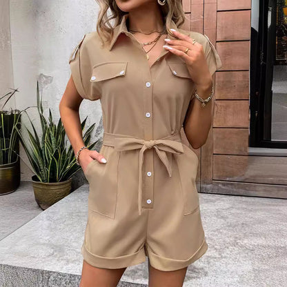 Women's Summer High-Waist Lapel Jumpsuit with Tie and Pockets