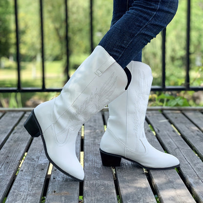 Fashionable Womens Embroidered Cowboy Boots - Trendy Chunky Heel, Pointed Toe, Faux Leather, Supreme Comfort for All-Day Glamour