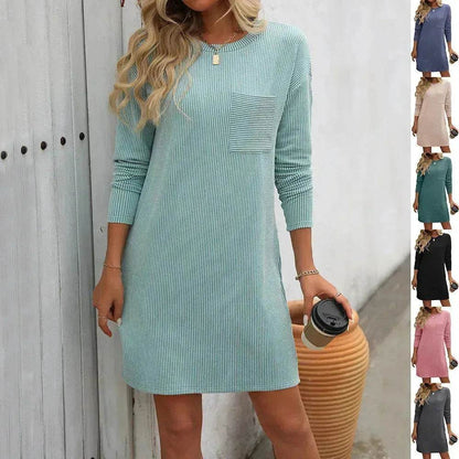 Casual New Solid Color Striped With Pockets Long Sleeve Loose Mini Dress Fashion Round Neck Straight Dress Women's Clothing