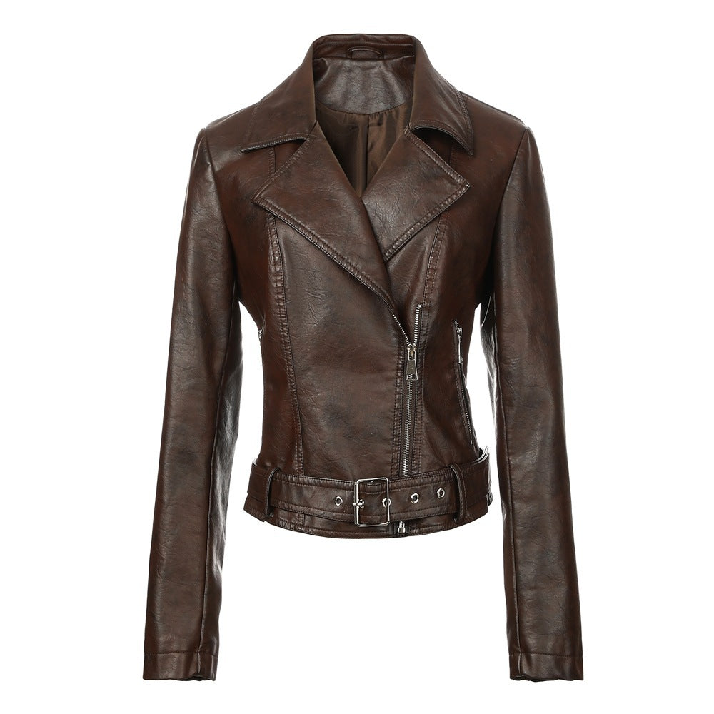 Women’s Short Leather Biker Jacket – Lapel Collar Motorcycle-Style Slim-Fit Coat