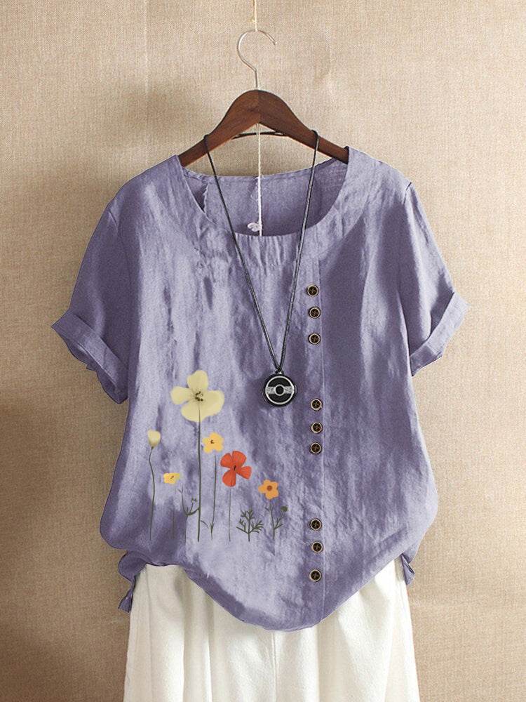 Casual Summer Beach Cotton And Linen Printed Elegant Short Sleeve blouse Top Women