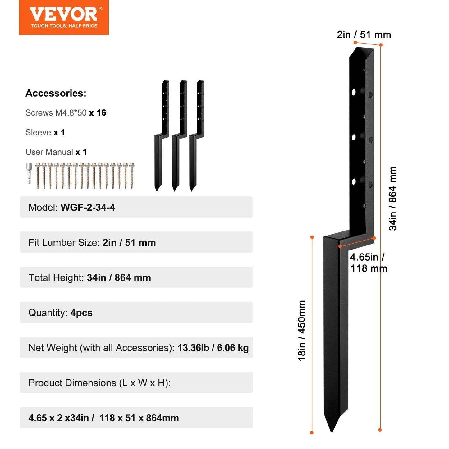 Fence Post Anchor Repair Kit, 4 Pack Inner Diameter 2 X2 Inches Heavy Duty Steel Fence Post Support Stakes, Anchor Ground Spike For Repair Tilted, Broken Wood Fence Post