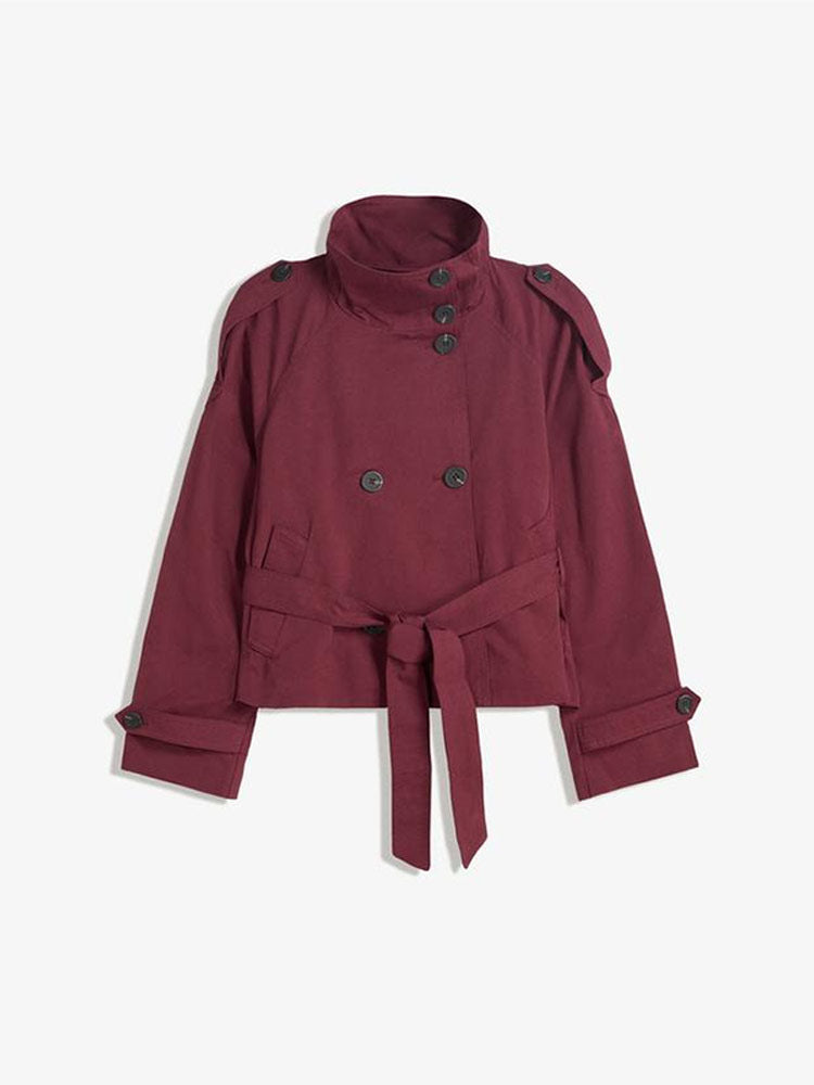 Women’s Retro Double-Breasted Trench Coat – Lapel Collar Long-Sleeve Lace-Up Short Jacket