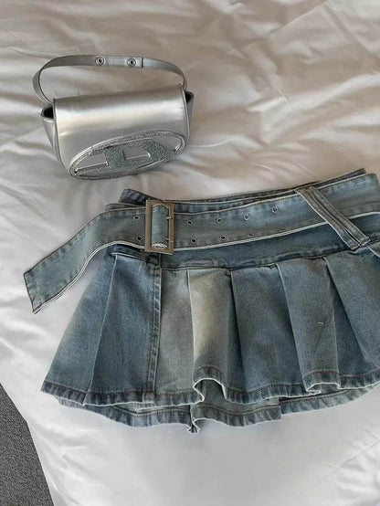 High Waist Slimming Denim Pleated Mini Skirt