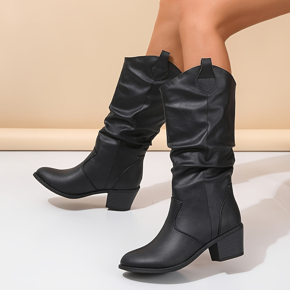 Women's Slouchy Cowboy Boots, Retro Chunky Low Heeled Pull On Western Boots, V-cut Mid Calf Boots