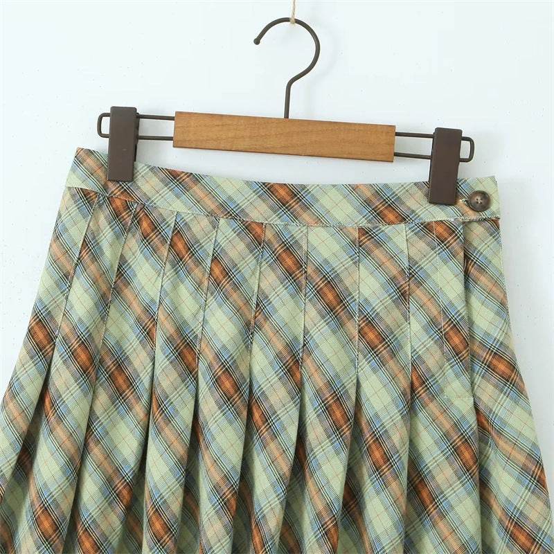 American Retro Low Waist Navel Plaid Pleated Long Skirt Women
