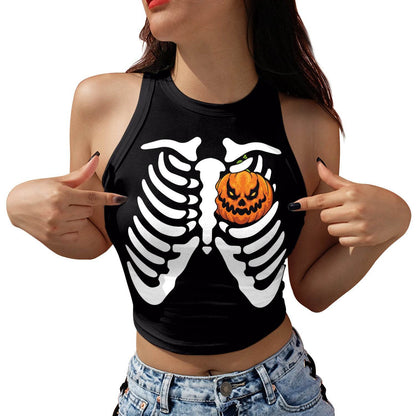 Halloween Printed Skeleton Skull Vest crop Top For Women