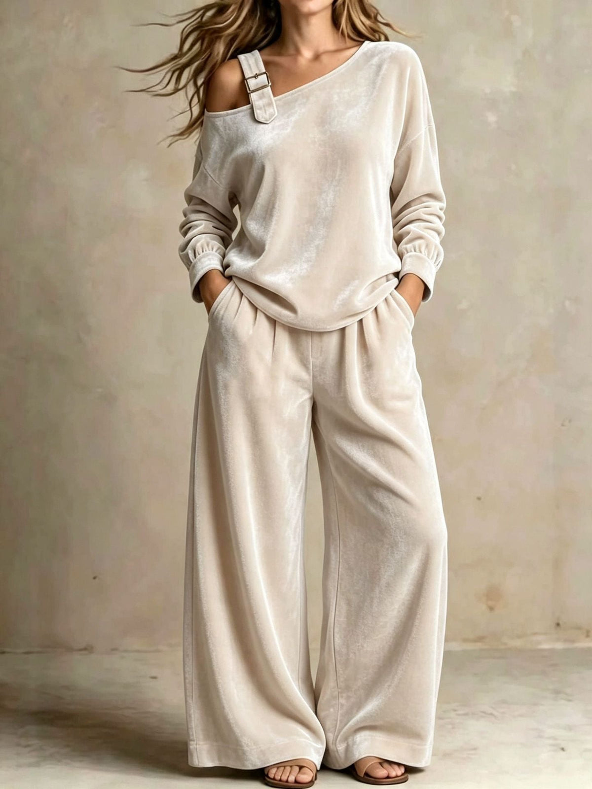 Women’s Velvet Two-Piece Set – Elegant Off-Shoulder Long-Sleeve Top & Full-Length Pants