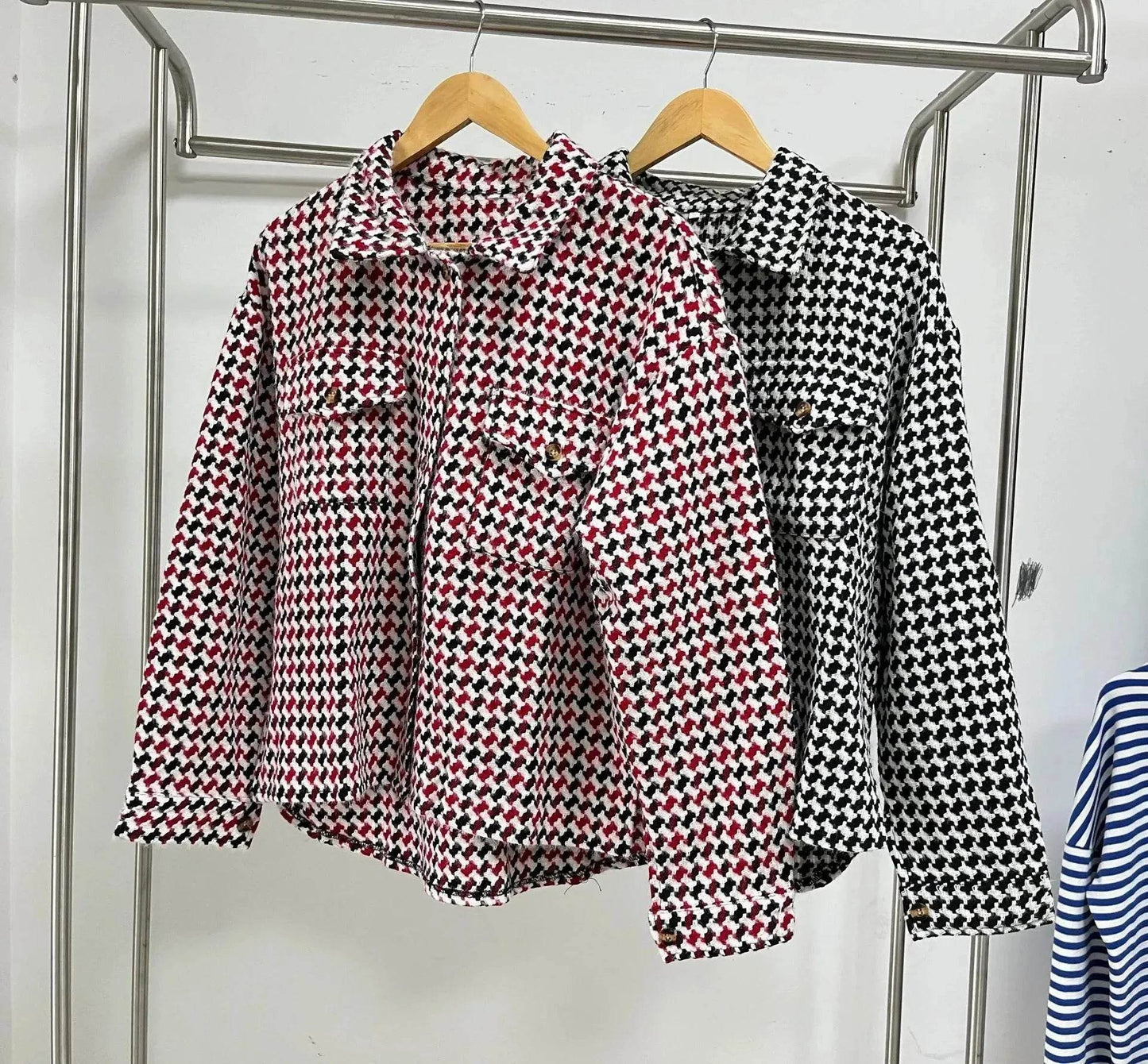 Casual Houndstooth Lapel Tweed Button long sleeve shirt tops for women