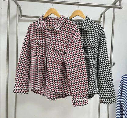Casual Houndstooth Lapel Tweed Button long sleeve shirt tops for women