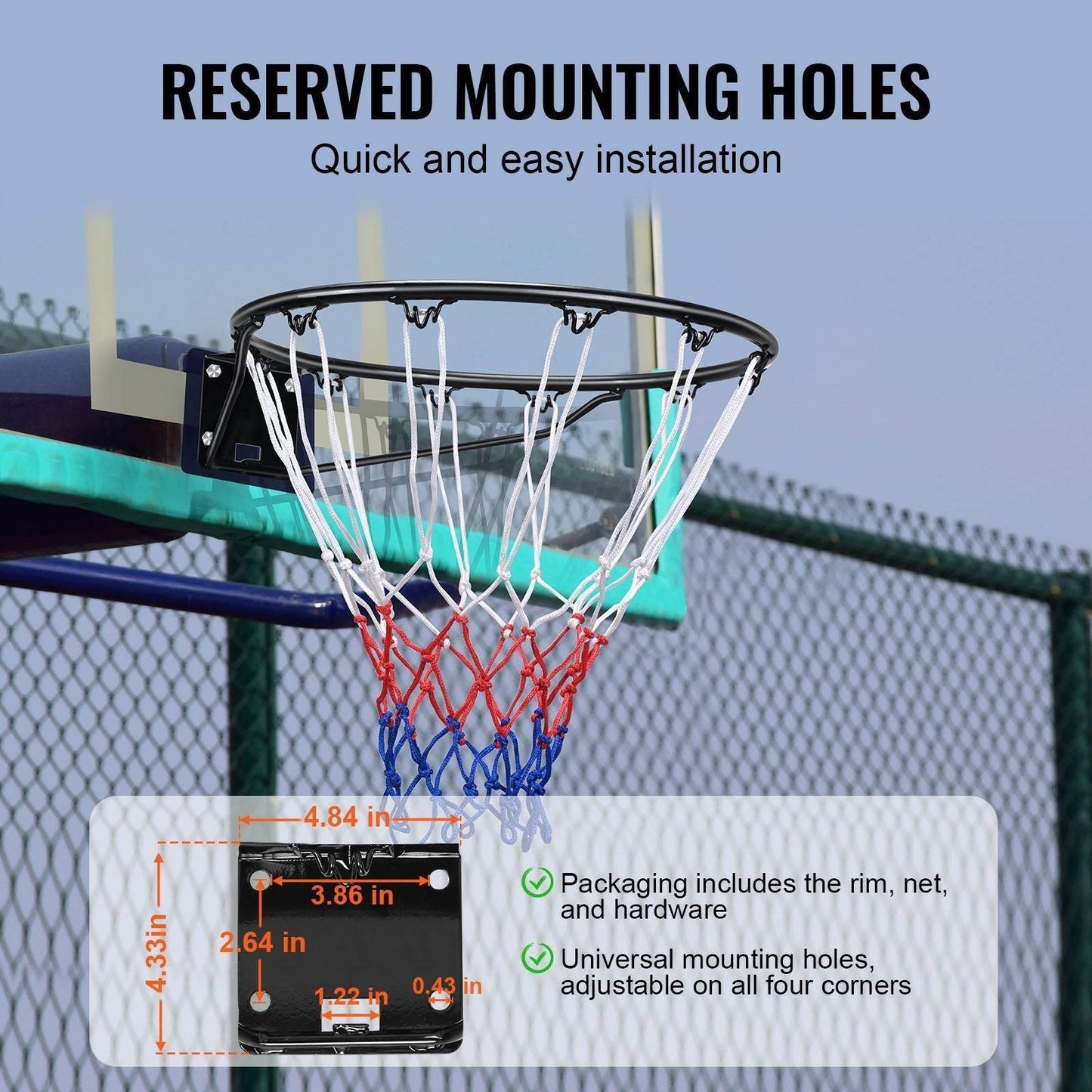 Cercle de basket-ball, panier de basket-ball mural/à accrocher à la porte, remplacement de but de basket-ball robuste Q235 avec filet et double ressort, panier standard de 45 cm pour intérieur et extérieur pour enfants et adultes