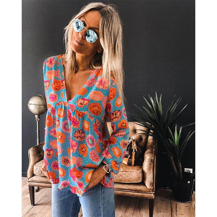 Women Casual Spring Summer New Style Blouse top Printing V-Neck Long-Sleeved