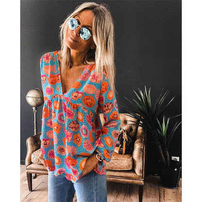 Women Casual Spring Summer New Style Blouse top Printing V-Neck Long-Sleeved