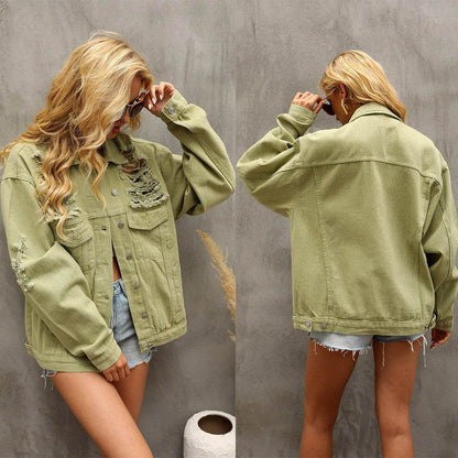 Perforated Coat Pocket Raglan Loose Jacket Women Denim
