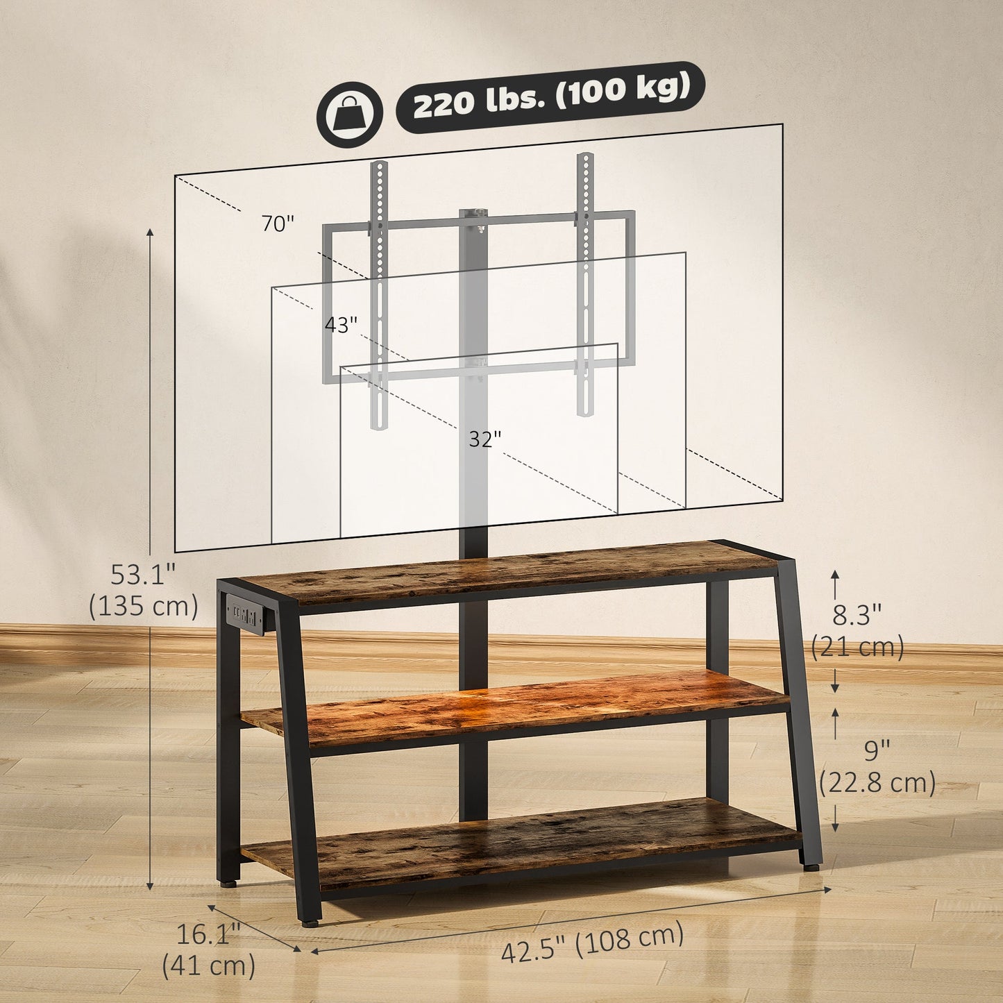 Bay TV Stand with Swivel Mount, Power Outlet and LED Lights for 32-70" TVs-Rustic Brown