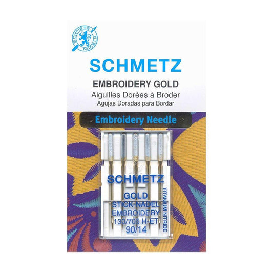 SCHMETZ #1825 Gold Titanium Embroidery Needles Carded - 90/14 - 5 Pieces
