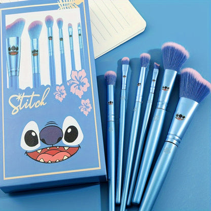 Disney Stitch 6-Piece Makeup Brush Set - Kawaii Wooden Handle, Polyester Bristles for Powder, Eye Shadow, Foundation, Blush, and Blending - Unscented Wand Beauty Brushes for Normal Skin with Gift Box