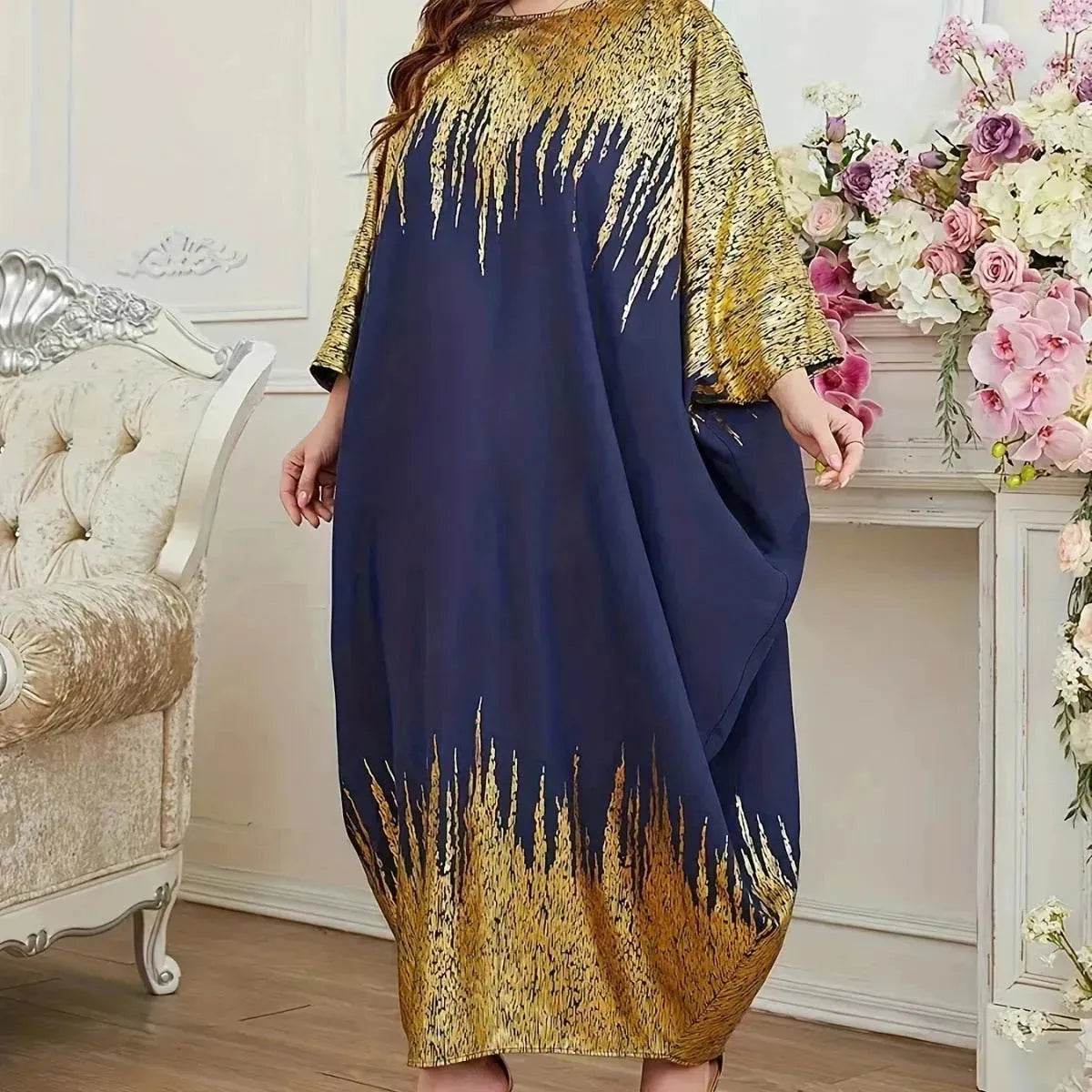 Fashion Embellish Fancy Abaya Middle East Print Color Contrast Patchwork Bat Sleeve Width Loose Summer Long Sleeve Dress