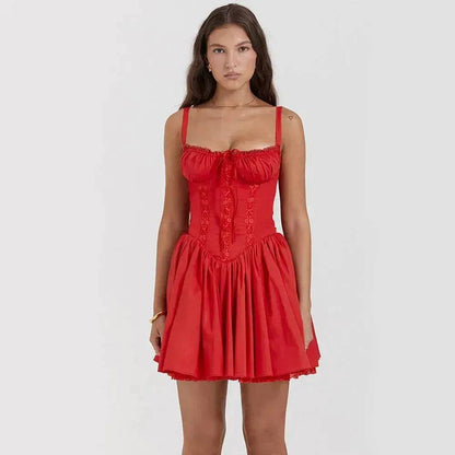 Elegant Chic Women Suspender Mini Skater Dress Summer Fashion Lace-up Slim Waist Pleated Short Dresses For Evening Party Cocktail Occasions