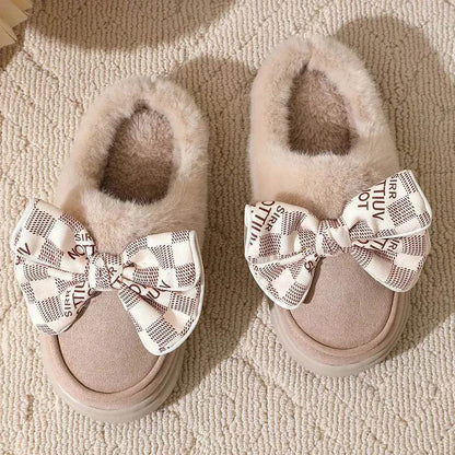 Cute Bowknot Plush Slipper Winter Warm Indoor Floor Bedroom Home Slippers For Women Fashion Thick-soled Solid House Shoes