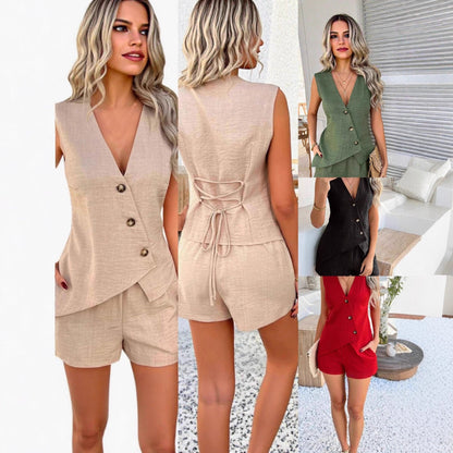 Women's Fashionable Casual V-Neck Asymmetrical Tank Top and Shorts Set