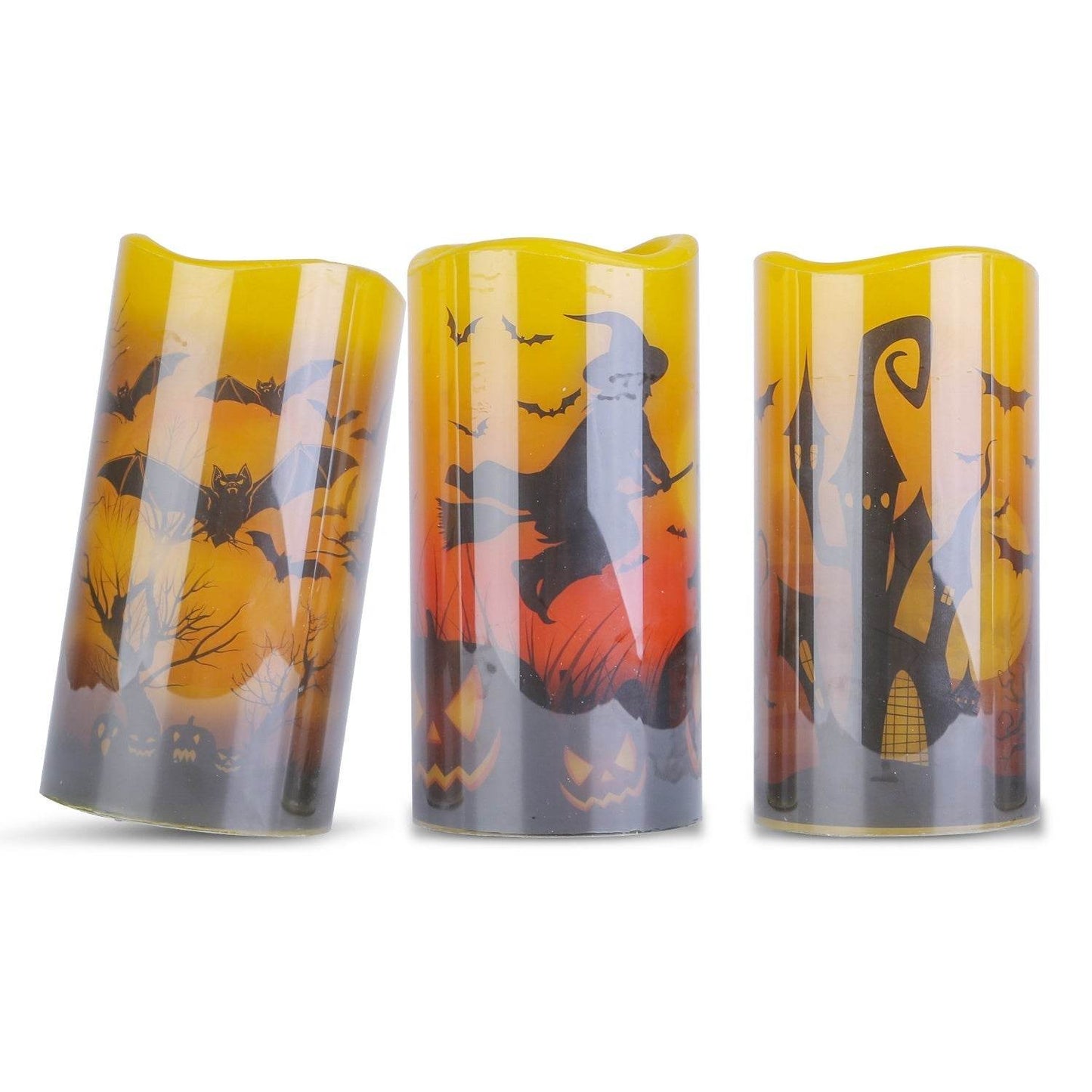 Lot de 3 bougies sans flamme d'Halloween avec minuterie, fonctionnant sur piles, lumières orange chaudes pour la décoration de fête d'Halloween.