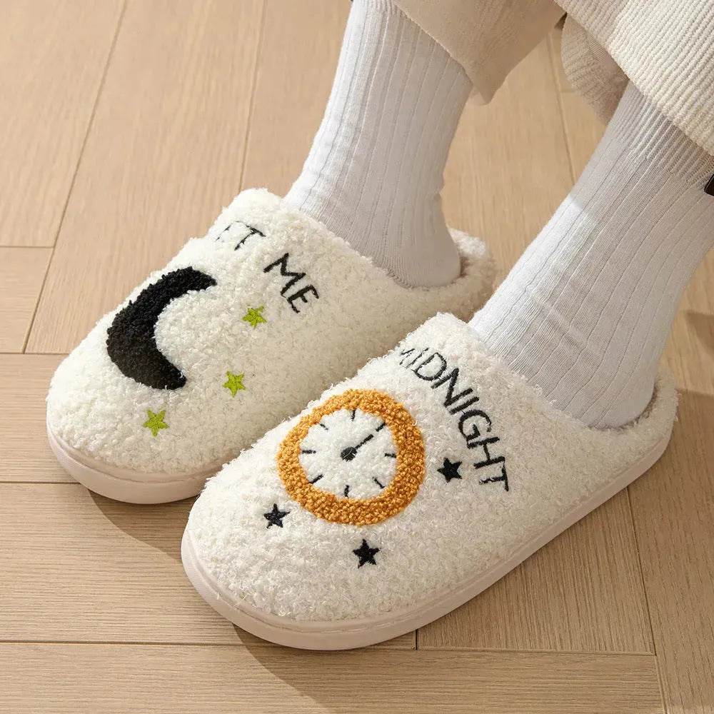 Chaussons d'intérieur imprimés lune et horloge, pantoufles chaudes d'hiver pour chambre à coucher pour femmes