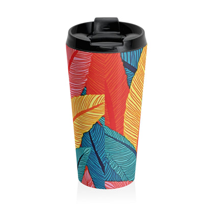 Mug de Voyage Isotherme en Acier Inoxydable Tropical Feather — Motif Feuilles Colorées, Gobelet Isotherme pour Café
