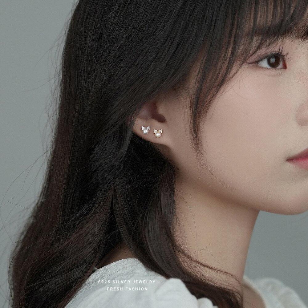 Pearl Bow Sweet Stud Earrings