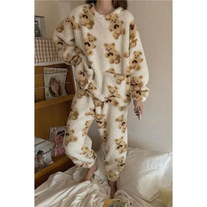 Polar Bear Fleece Winter Home Lounge wear Pajamas Set Women