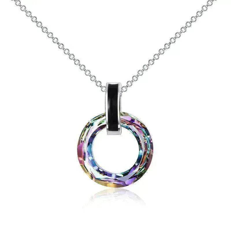 925 Silver Circle Crystal Pendant Necklace for Women Girls