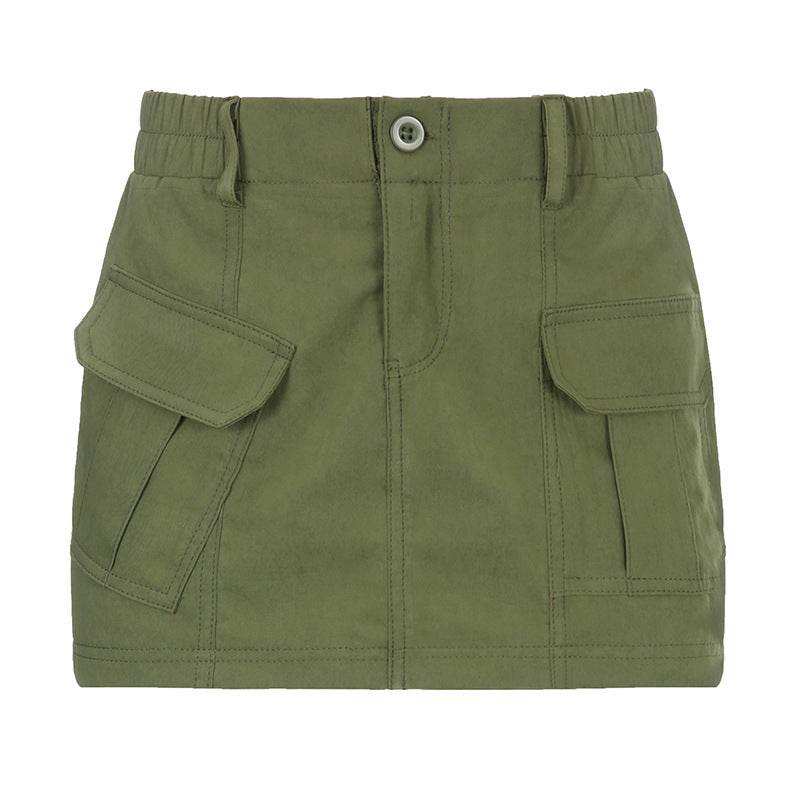 Simple Tooling Style Pocket Army Green Woven Hot Girl A- Line Mini Hip Cargo Skirt Summer