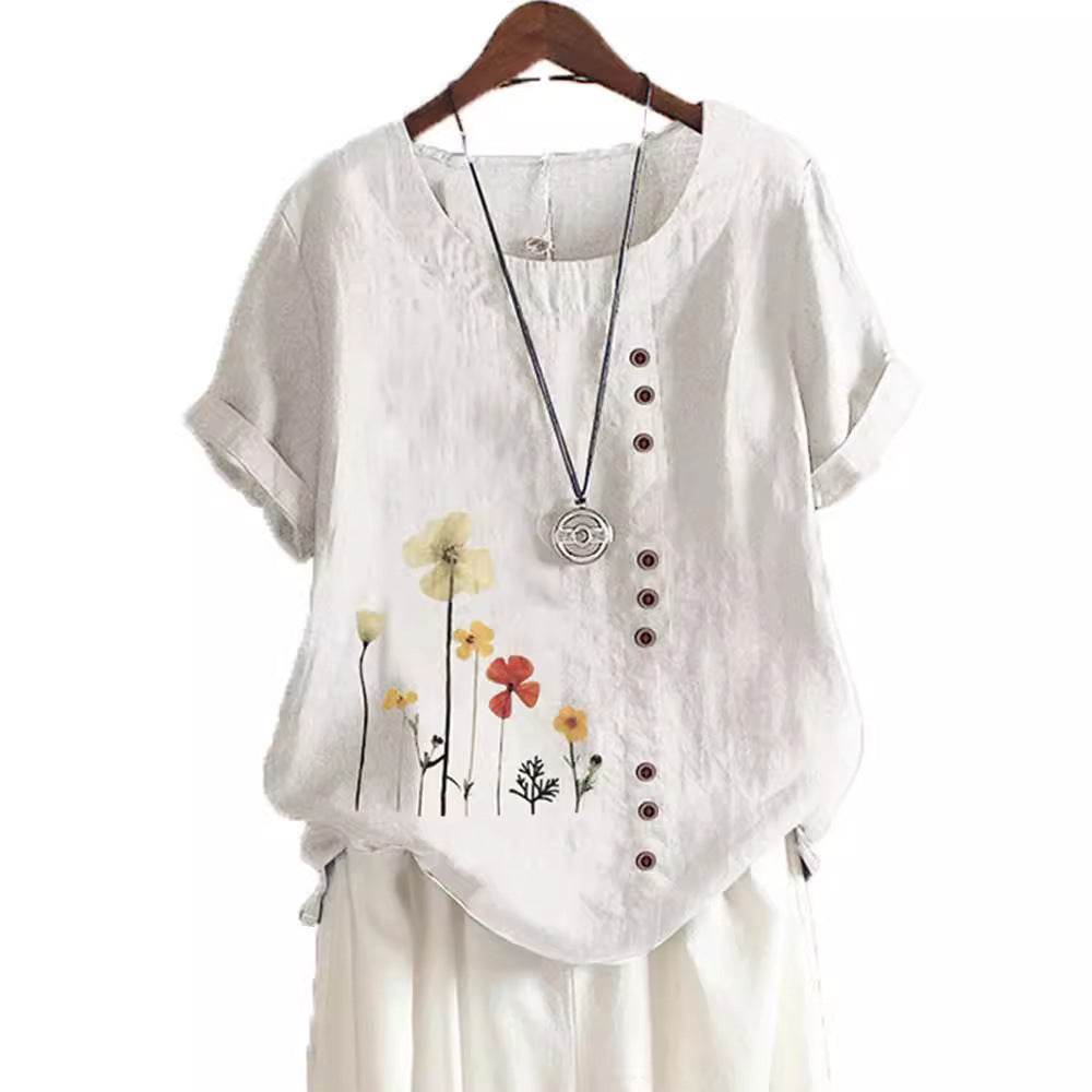 Casual Summer Beach Cotton And Linen Printed Elegant Short Sleeve blouse Top Women