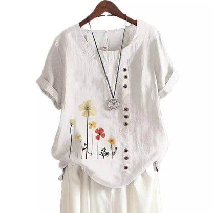 Casual Summer Beach Cotton And Linen Printed Elegant Short Sleeve blouse Top Women