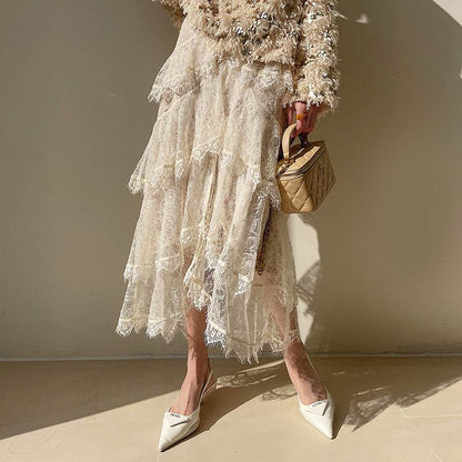 Spring Summer Irregular Cake Layer Lace Midi Tulle Skirt
