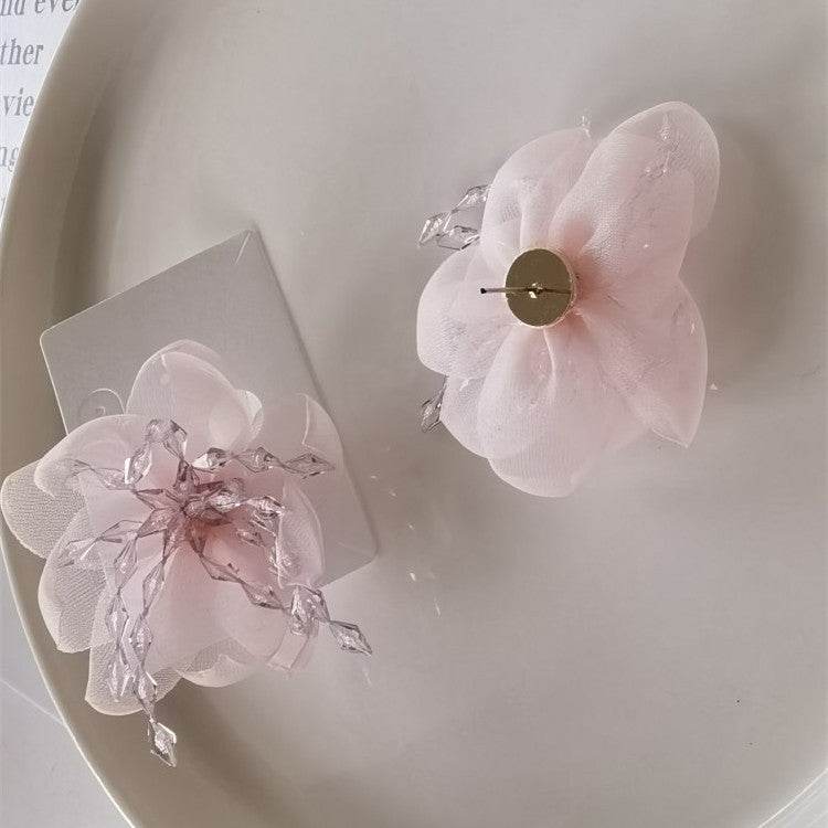 Temperament Flower Sweet Tulle Beaded Exaggerated Earrings