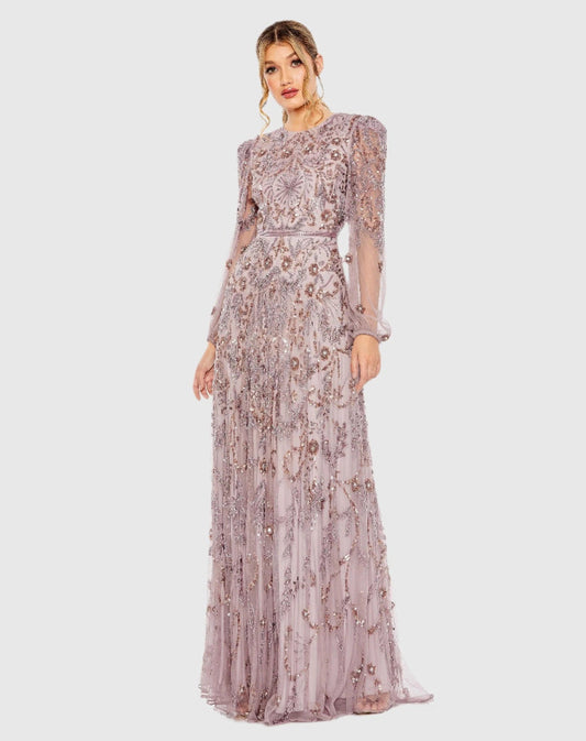 Robe de soirée trapèze ornée à manches bouffantes