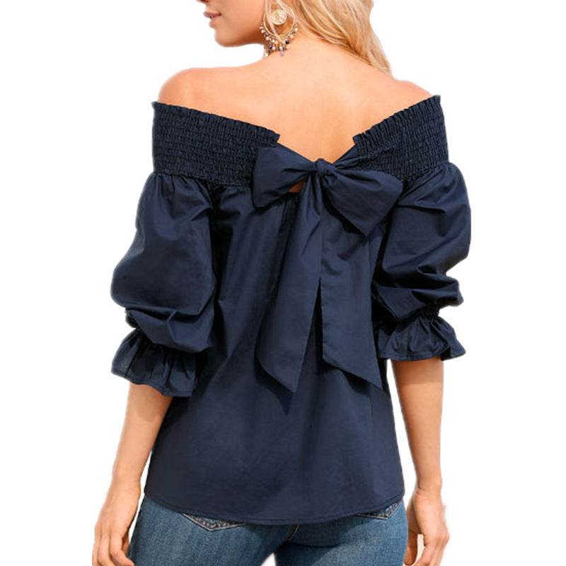 Spring Summer Women Off Shoulder Strapless Blouse top Bowknot Slash Neck Casual Loose Plus Size top