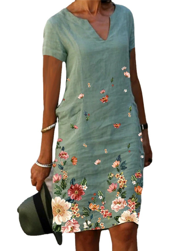 Women's Floral Print V-Neck A-Line Midi Dress – Short-Sleeve Casual Summer Dress