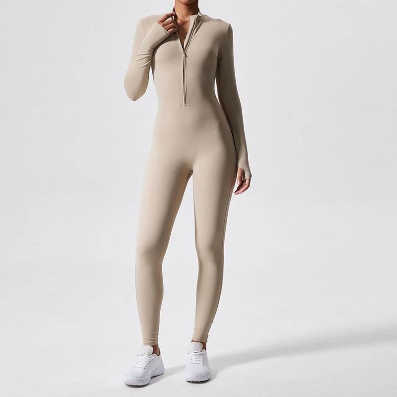 Combinaison de sport moulante athleisure à manches longues, col roulé et fermeture éclair, avec rehausseur de hanches, pour femmes