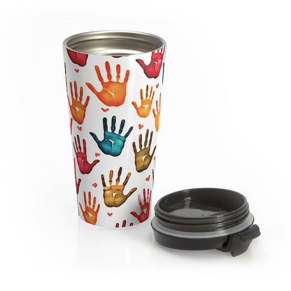 Travel Mug — Colorful Handprint Pattern Stainless Steel Tumbler (Kids & Teachers Gift)