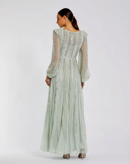 Boat Neck Long Sleeve Gown With Striped Beading