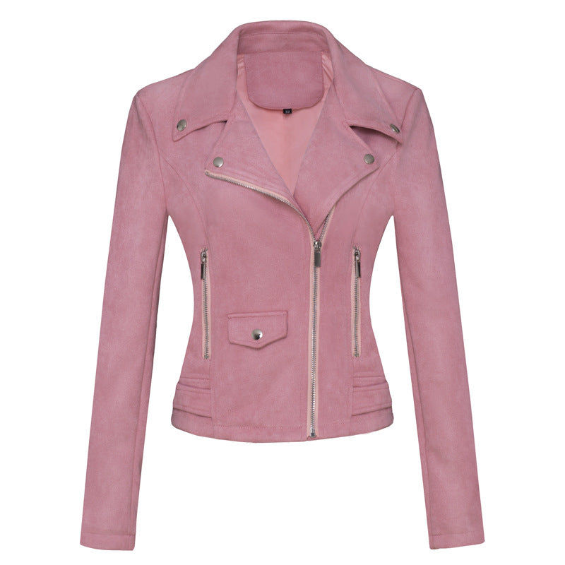Women’s Slim-Fit Suede Leather Jacket – Short Commuter Motorcycle-Style Outerwear