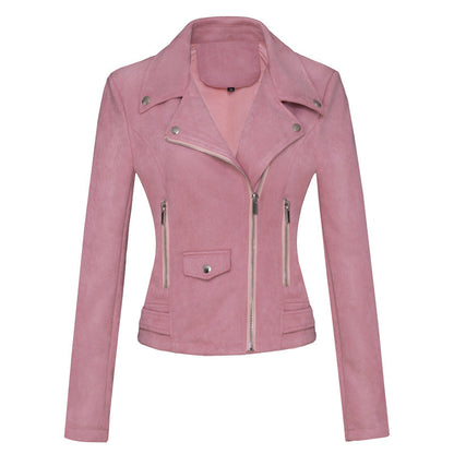 Women’s Slim-Fit Suede Leather Jacket – Short Commuter Motorcycle-Style Outerwear